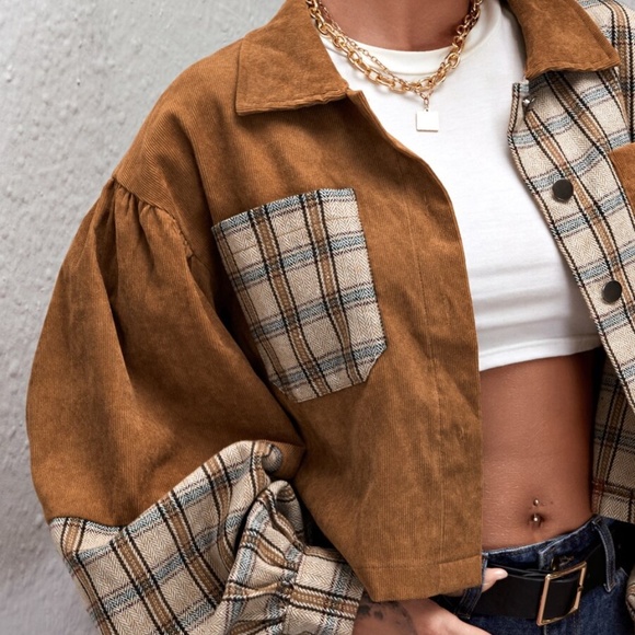 Corduroy plaid puff sleeve boyfriend jacket coat - Picture 3 of 7